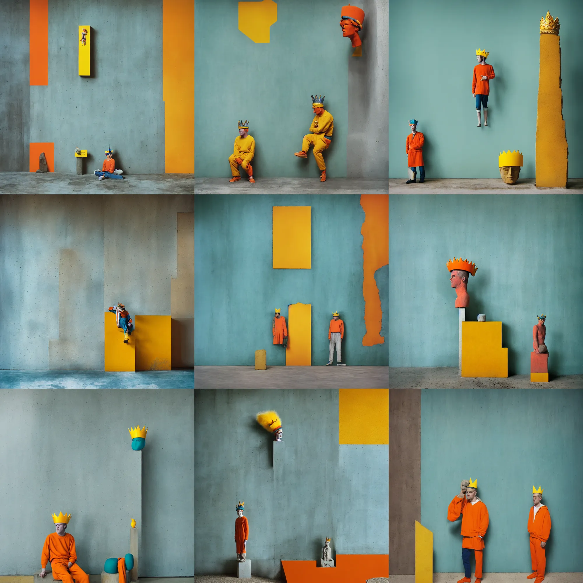 Image similar to kodak portra 4 0 0, 8 k, shot of a highly detailed, britt marling style, colour still - life portrait of a large minimalistic room, rough concrete walls, a single rough carved wooden teal and orange striped coloured statue is standing on a concrete podest with a yellow crown on his head, muted colours