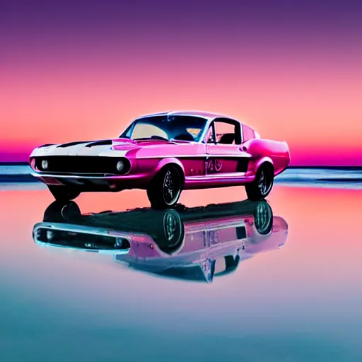 Prompt: long shot of 1967 Ford mustang Shelby GT500 in pink color at sunset in front a beach, 8k, amazing reflection, UHD Photography