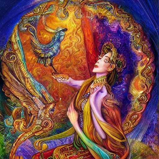 Image similar to goddess checking her phone, by josephine wall, trending on artstation, amanda sage