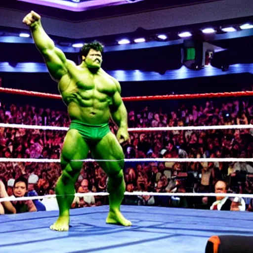 Image similar to photograph of The Incredible Hulk as WWE Champion standing in.a Wrestling ring