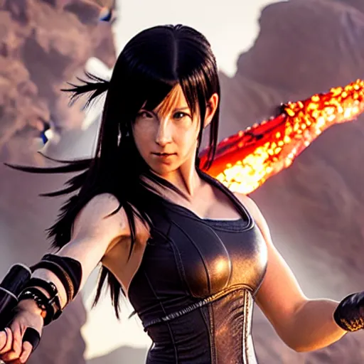 Prompt: promotional image of Tifa Lockhart as Fire Priestess in the new movie directed by Tetsuya Nomura, heavily armored and brandishing shillelagh, perfect face, movie still frame, promotional image, imax 70 mm footage