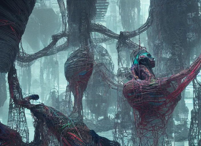 Image similar to rgb, woman, alien city, on an alien planet, movie scene, inspired by zdzislaw beksinski, clothes made out of veins,, cables everywhere, bedroom, ultra realistic, concept art, intricate details, highly detailed, photorealistic, octane render, 8 k