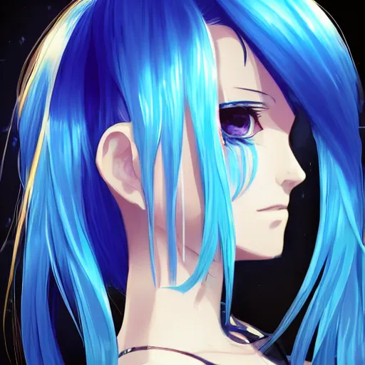 Image similar to profile shot of rimuru tempest looking forward, sky blue hair, ponytail, long bangs, gold eyes, black jacket with white stripes and a high collar, highly detailed, roman city, concept art, shutterstock, cinematic, wlop | artgerm, pixiv, ilya kuvshinov, greg rutkowski, yoshitaka amano