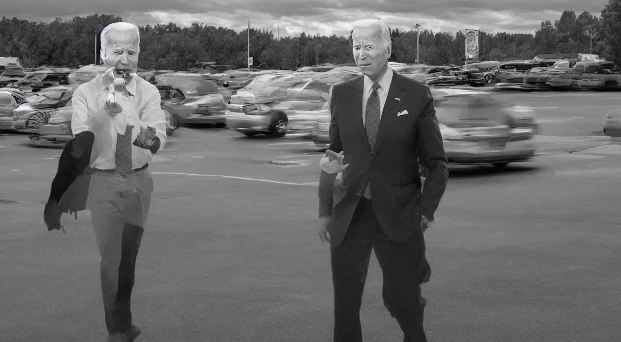 Prompt: ghost of joe biden haunting a walmart parking lot, realistic, detailed, 4 k