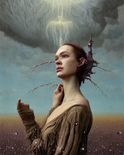 Prompt: A portrait of a woman wearing clothes made out of thunder clouds and flowers, apocalypse, nuclear explosion in the background, spiky skin, Masterpiece, glowing, wires everywhere, by Edgar Maxence and Ross Tran, Zdzisław Beksiński, and Michael Whelan, distant, gustav dore, H.R. Giger, 8k, octane render