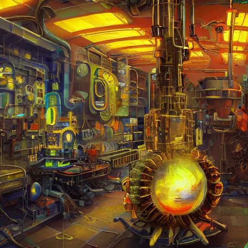 Prompt: fusion reactor in a cyberpunk tinkerer's workshop cryengine render by android jones, james christensen, rob gonsalves, leonid afremov and tim white