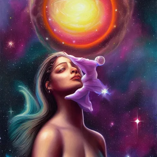 Image similar to A beautiful painting of a female cosmic being with a nebula as its body by Jim Burns, James Webb Space Telescope, Trending on artstation.