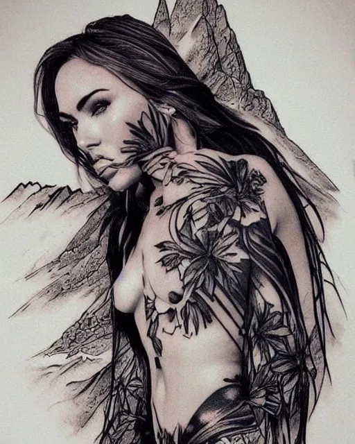 Prompt: double exposure effect tattoo design sketch of megan fox with amazing mountain scenery, realism tattoo, in the style of den yakovlev, amazing detail, sharp