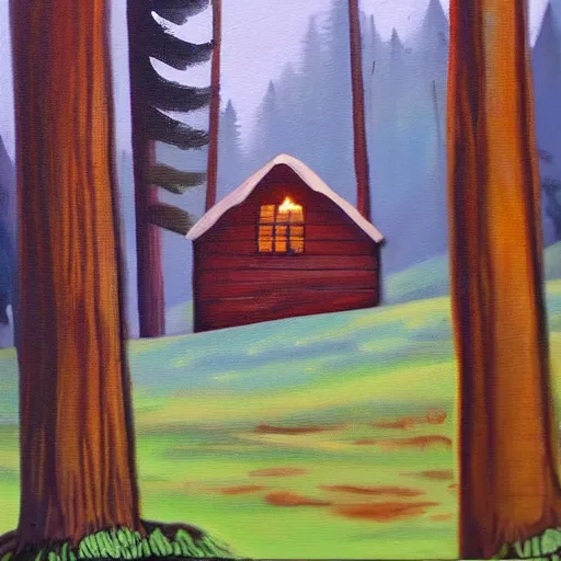 Prompt: a painting of a Eerie cabin in the middle of the woods in the style of Bob Ross