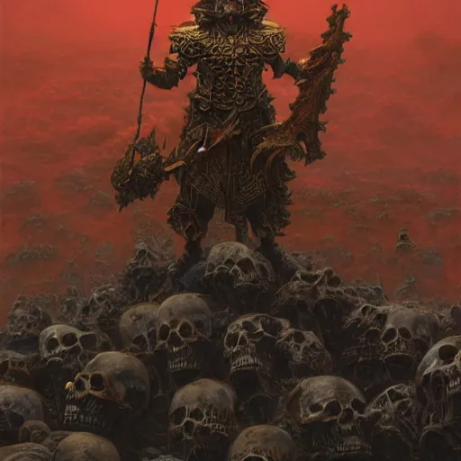 Prompt: anthropomorphic shiba inu, wearing gold armor, standing on pile of skulls, graveyard of skulls, fantasy 3 d render, masterpiece, glowing red light aura, by donato giancola and greg rutkowski and wayne barlow and zdzisław beksinski, realistic face