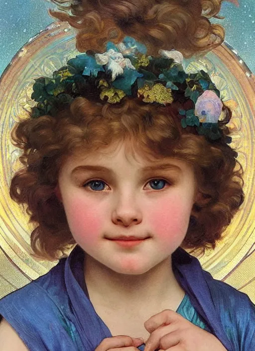 Image similar to a cute little girl with a round cherubic face, blue eyes, and short wavy light brown hair smiles as she floats in space with stars all around her. she is wearing a turquoise dress. beautiful painting with highly detailed face by alphonse mucha and artgerm and greg rutkowski