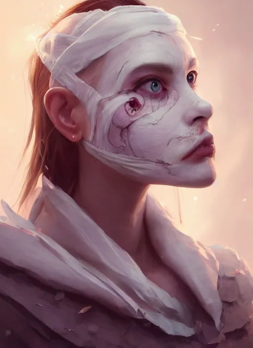 Image similar to portrait of beautiful girl with full pouty lips, skeksis, white face paint, bandaged nose, striking eyes, fullbody, insanely detailed, procedural rendering, greg rutkowski, charlie bowater, yuumei, yanjun cheng, unreal 5, daz, hyperrealistic, octane render, rpg portrait, dynamic lighting, fantasy art, beautiful face