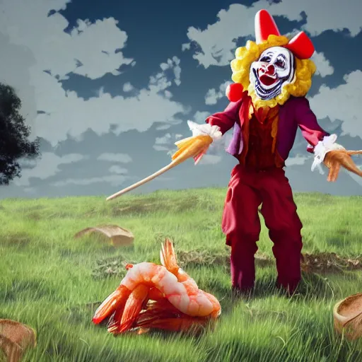 Prompt: killer clown eating uncooked prawns on grassy knoll, anime style, hyperdetailed, volumetric lighting,