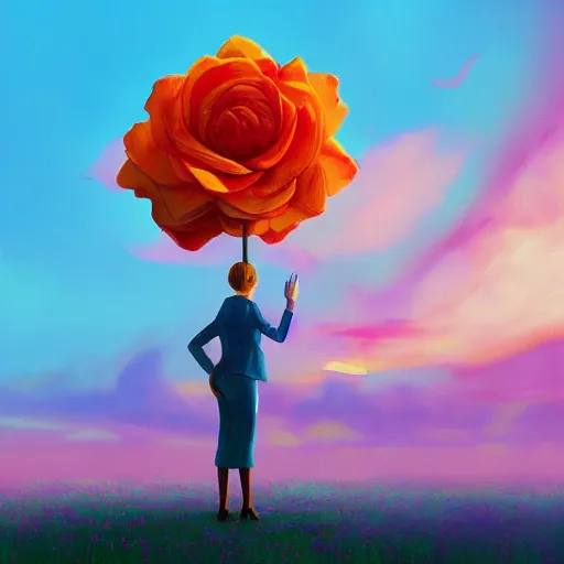 Image similar to closeup, giant rose flower head, frontal, girl in a suit, surreal photography, sunrise, blue sky, dramatic light, impressionist painting, digital painting, artstation, simon stalenhag