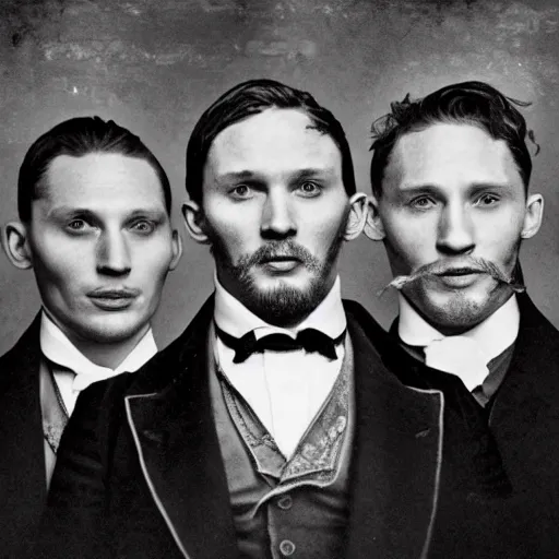Image similar to early victorian headshot photograph of cillian murphy, tom hardy, tom hiddleston, very grainy, blurry, 1 8 4 0 s, 1 8 5 0 s, realistic face, rare