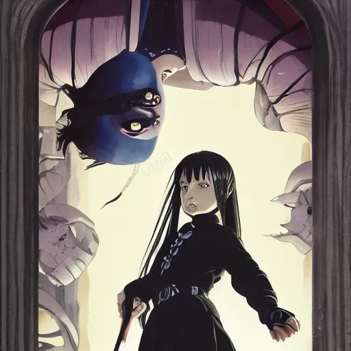 Prompt: precisely drawn illustration of anime wednesday addams tarot card, wide angle, sharp, fine details, anime, manga, cyberpunk, realistic shaded lighting by katsuhiro otomo ghost-in-the-shell, magali villeneuve, artgerm, rutkowski Jeremy Lipkin and Giuseppe Dangelico Pino and Michael Garmash and Rob Rey