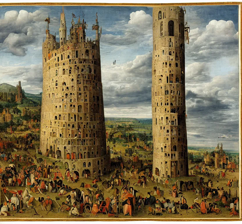 Prompt: a tall tower, somewhat similar to babel, by pieter breugel the elder