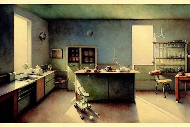Prompt: ( ( ( ( ( 1 9 5 0 s retro science fiction kitchen interior scene. muted colors. ) ) ) ) ) by jean - baptiste monge!!!!!!!!!!!!!!!!!!!!!!!!!!!!!!