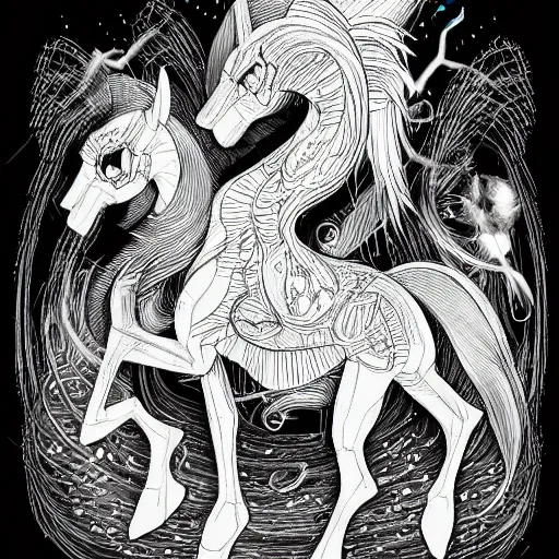Prompt: detailed black and white illustration of my little pony in the style of h r giger and moebius and wayne barlowe