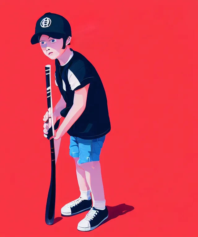 Prompt: a young boy wearing a horizontal striped shirt and a red baseball cap and jean shorts, holding a baseball bat, digital painting, artstation, concept art, sharp focus, octane render, illustration, art by tomer hanuka,