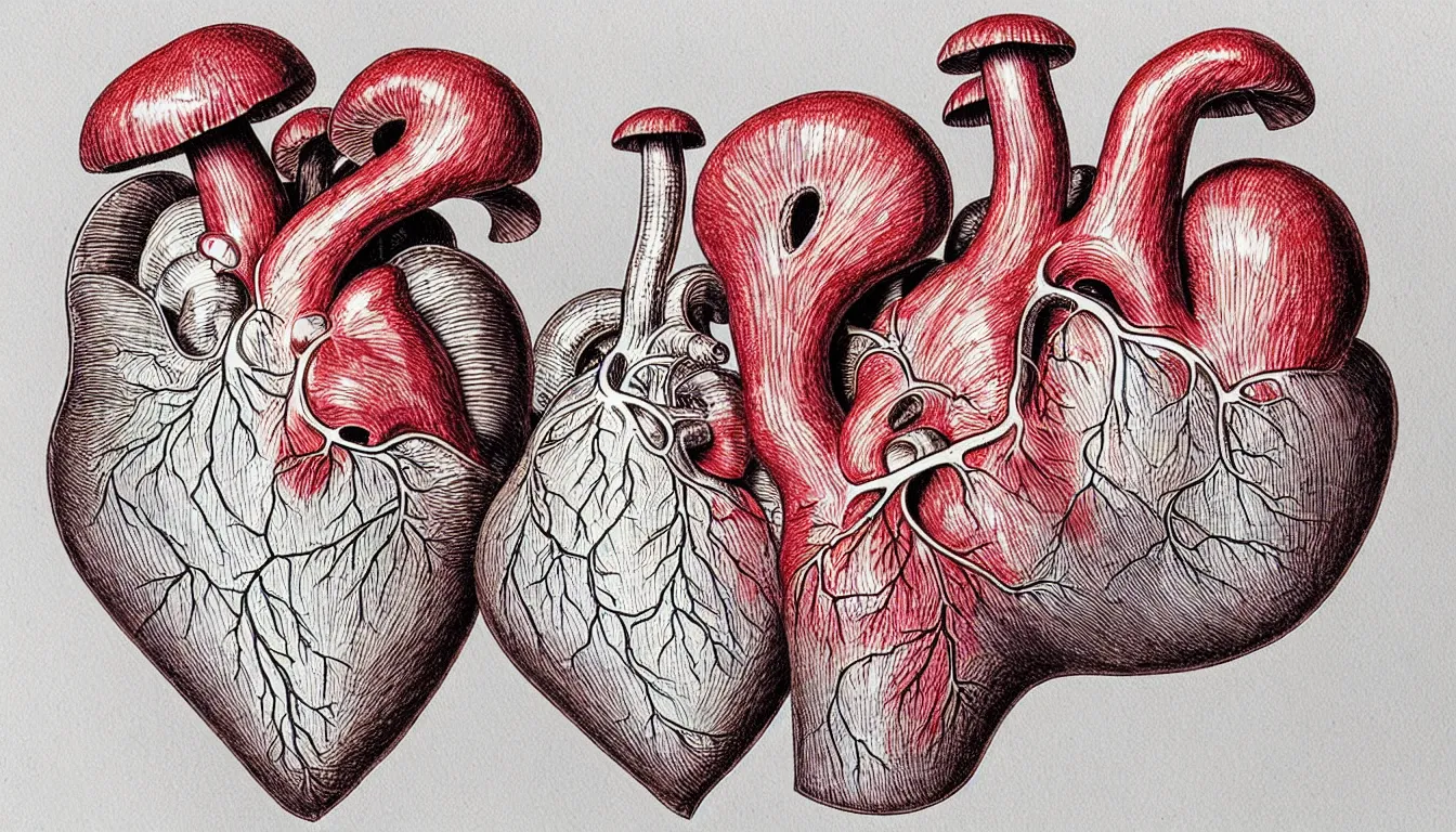 Image similar to a human heart with mushrooms growing out of the valves, anatomically correct drawing