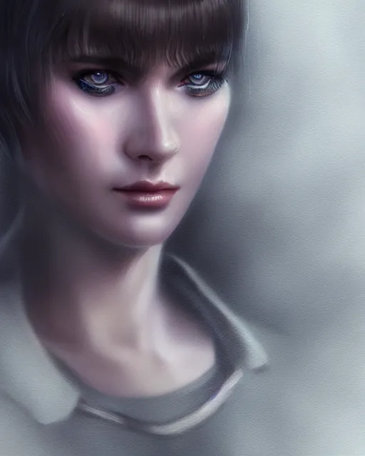 Prompt: a close up portrait of replicant rachael from blade runner, foggy background, digital art by ross tran and angel ganev, highly detailed, trending on artstationhq