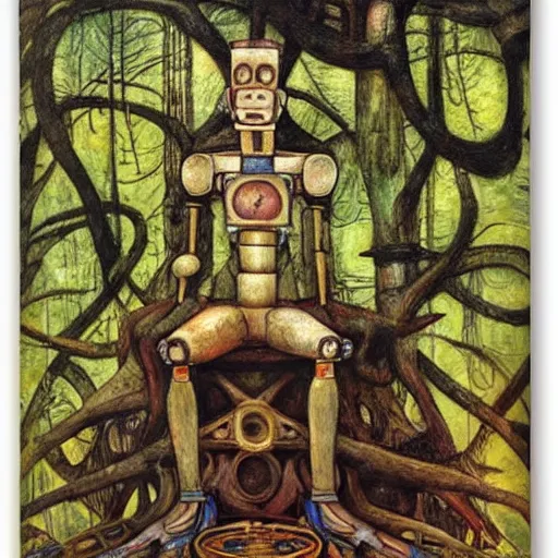 Prompt: the robot on her forest throne, by Annie Swynnerton and Diego Rivera, symbolist, dramatic lighting, elaborate geometric ornament, Art Brut ,god rays, soft cool colors,smooth, sharp focus, extremely detailed, Adolf Wölfli