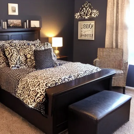 Image similar to designer bedroom with Bible themed bed, bible themed walls, bible themed carpet, bible themed furniture and Bible themed decor, interior photo