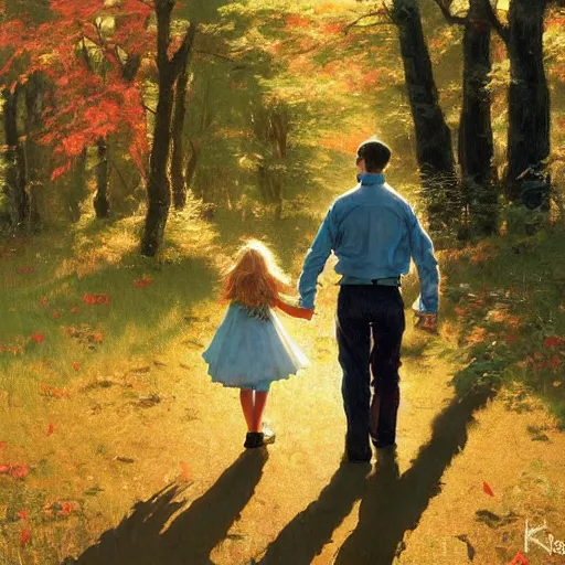 Image similar to A painting of a father and daughter walking through a beautiful forest holding hands, brunette hair, golden hour, art by Kenne Gregoire and Krenz Cushart, Norman Rockwell trending on artstation