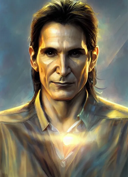 Image similar to steve vai painted by stjepan sejic, golden hour cinematic, detailed matte painting, realistic portrait, symmetrical, highly detailed, digital painting, artstation, concept art, smooth, sharp focus, illustration, cinematic lighting, 8 k resolution