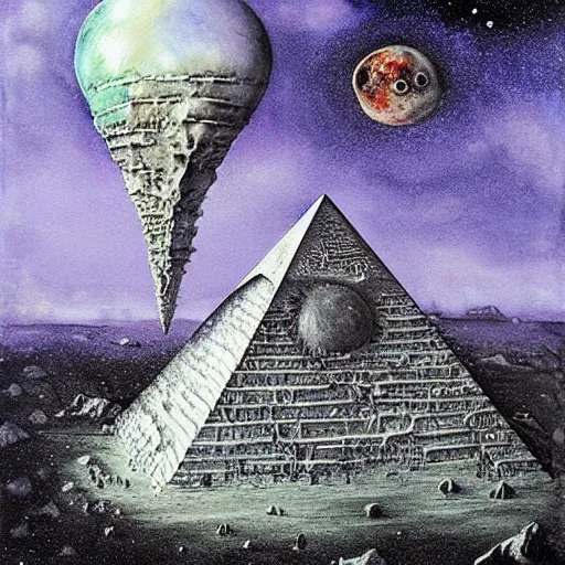 Prompt: rotten moon, airbrush, watercolor, dripping paint, dichromatism, extradimensional, hyperpyramid, klein bottle, by h. r. giger, by john constable, by laurie lipton, by tony diterlizzi, by wlop