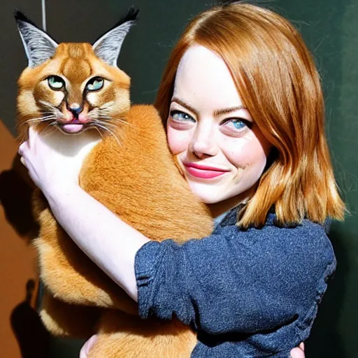 Prompt: Emma Stone holding a cute caracal