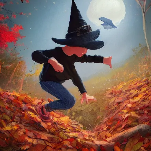 Image similar to a boy wearing a witches hat jumping into a pile of leaves on a beautiful autumn day, cute storybook illustration, trending on artstation, cgsociety, beautiful painting