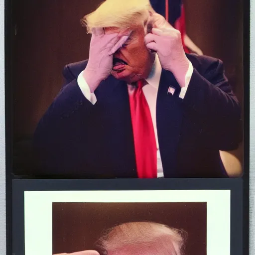 Image similar to candid photo footage of Donald Trump crying, polaroid