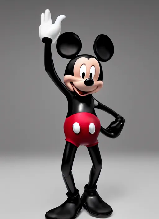 Image similar to stylized shiny latex rubber leather statue full body made of marble of disney character mickey mouse, perfect symmetrical body, perfect symmetrical face, hyper realistic, hyper detailed, by johannen voss, by michelangelo, octane render, blender, 8 k, displayed in pure white studio room