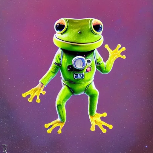 Prompt: long shot of a cute astronaut frog wearing an astronaut helmet, by esao andrews, by m. w. kaluta, by james web telescope, ultra humorous beautiful oil painting, cinematic space scenery, small depth of field, depth perception, volumetric light, rich colors, 3 d octane render, 8 k, conceptart, hyperdetailed, hyperrealistic, trending on artstation