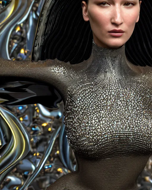 Image similar to a highly detailed metahuman 4 k close up render of a bella hadid as black latex monument renaissance in iris van herpen dress schiaparelli in diamonds crystals swarovski and jewelry iridescent in style of alphonse mucha gustav klimt trending on artstation made in unreal engine 4