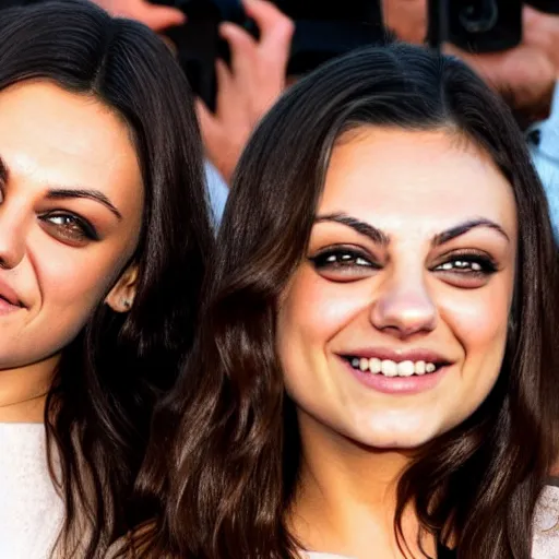 Image similar to Selfie photograph of Mila Kunis and Mila Kunis, golden hour, 8k,