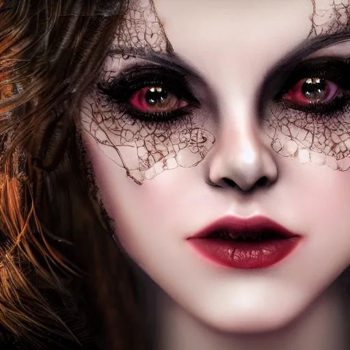 Image similar to beautiful vampire queen, eye contact ,highly detailed, 4k, HDR, smooth, sharp focus, hyper realistic, high resolution, award-winning photo