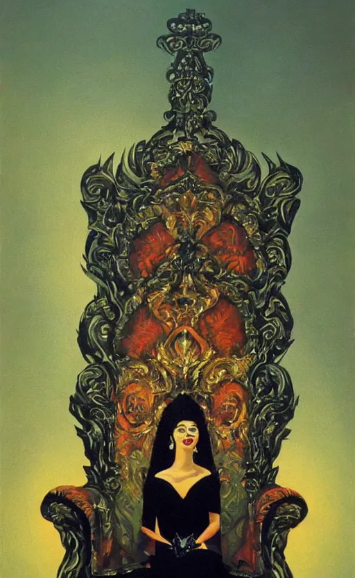 Image similar to an oil painting of a queen in a black funeral dress sitting on a throne, by bruce pennington, by eyvind earle