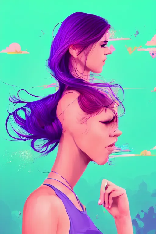 Image similar to a award winning half body porttrait of a beautiful woman in a croptop with ombre purple pink teal hairstyle with head in motion and hair flying, outrun, vaporware, shaded illustration, digital art, trending on artstation, highly detailed, fine detail, intricate