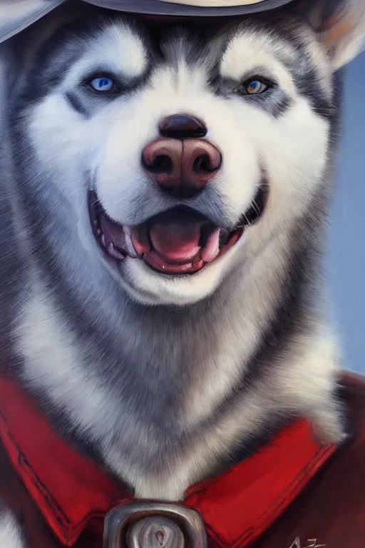 Image similar to a portrait painting of a husky in cowboy costume, wearing a cowboy hat, character design, personify, humanoid, anthropomorphic, trending on artstation