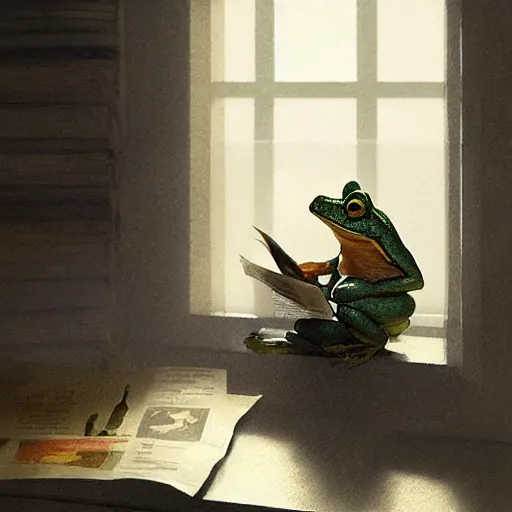 Image similar to A frog reading the newspaper in his armchair in the background books near a window by Greg rutkowski, Trending artstation