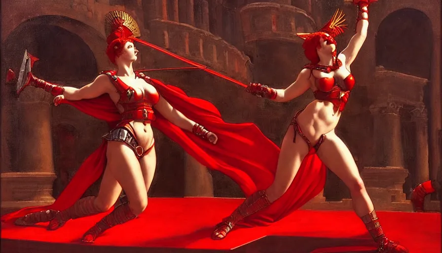 Image similar to only with red, an armored female gladiator in a crowded roman amphitheatre, crowd cheering, in the style of rolf armstrong and ambrosius benson and edward hopper and and rodcenko, intricate and epic composition, red by caravaggio, highly detailed, masterpiece, red light, artstation