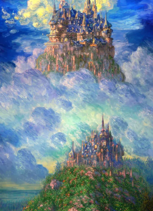 Prompt: retro - futurism anime castle on a mountain in clouds with lots of details look from above rule of thirds golden ratio, fake detail, trending pixiv fanbox, acrylic palette knife, artwork by claude monet