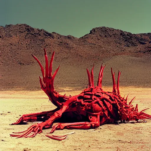 Prompt: in the desert a bloody The Thing creature made of muscle and bone and blood, mid day, 35mm photography, realistic,