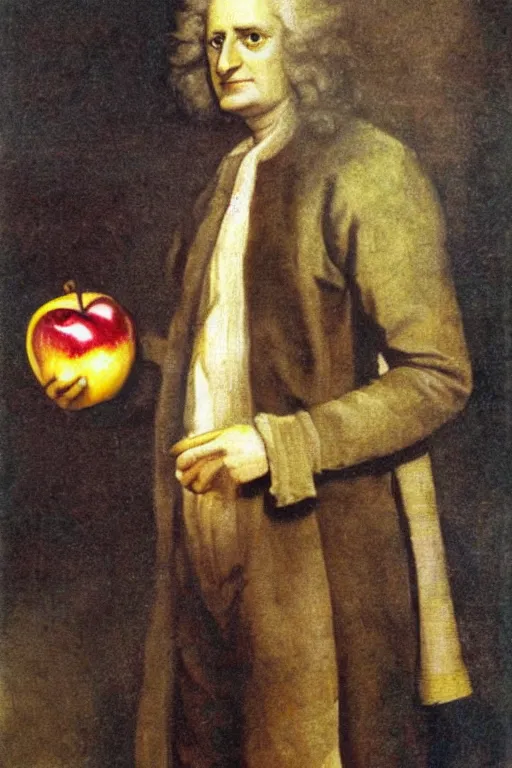 Image similar to isaac newton holding an apple, collage