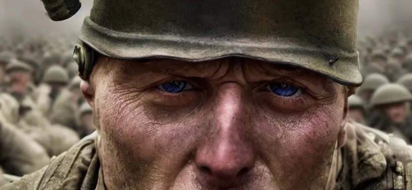 Image similar to horrified World War 1 soldier close-up, IMAX cinematic film still