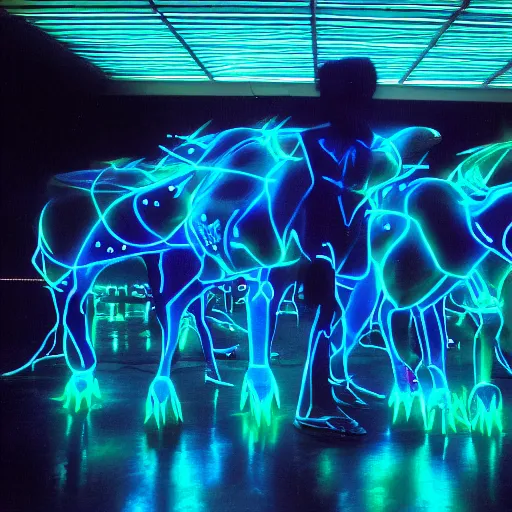 Image similar to electric blue scaled glowing baby dinosaurs in tron movie, cinestill