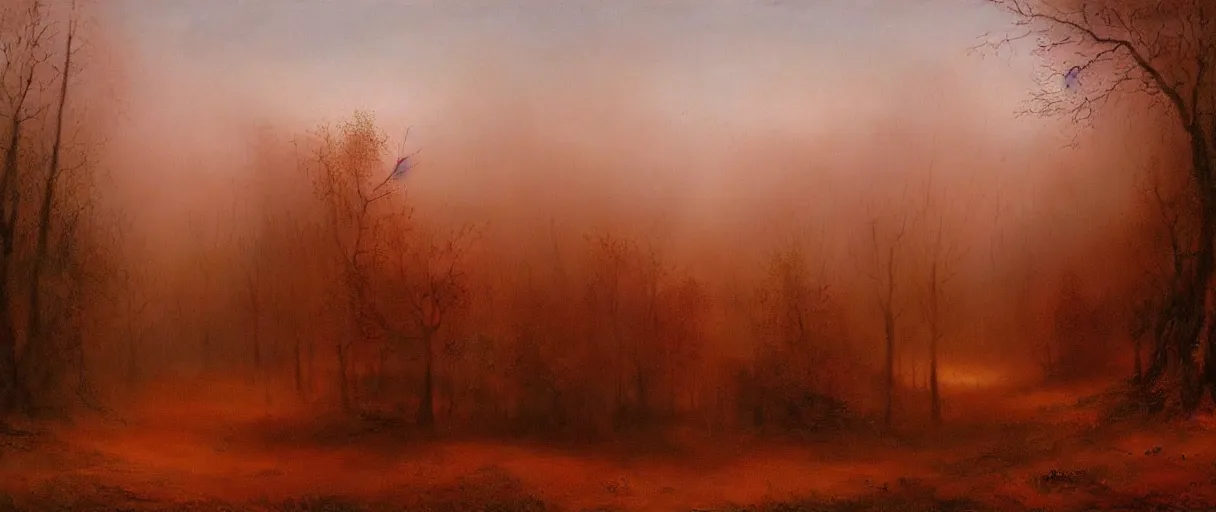 Image similar to old small village in a mystical forest, oil painting, beksinski, red sky, misty, atmospheric, eerie, horror, 8 k, high details